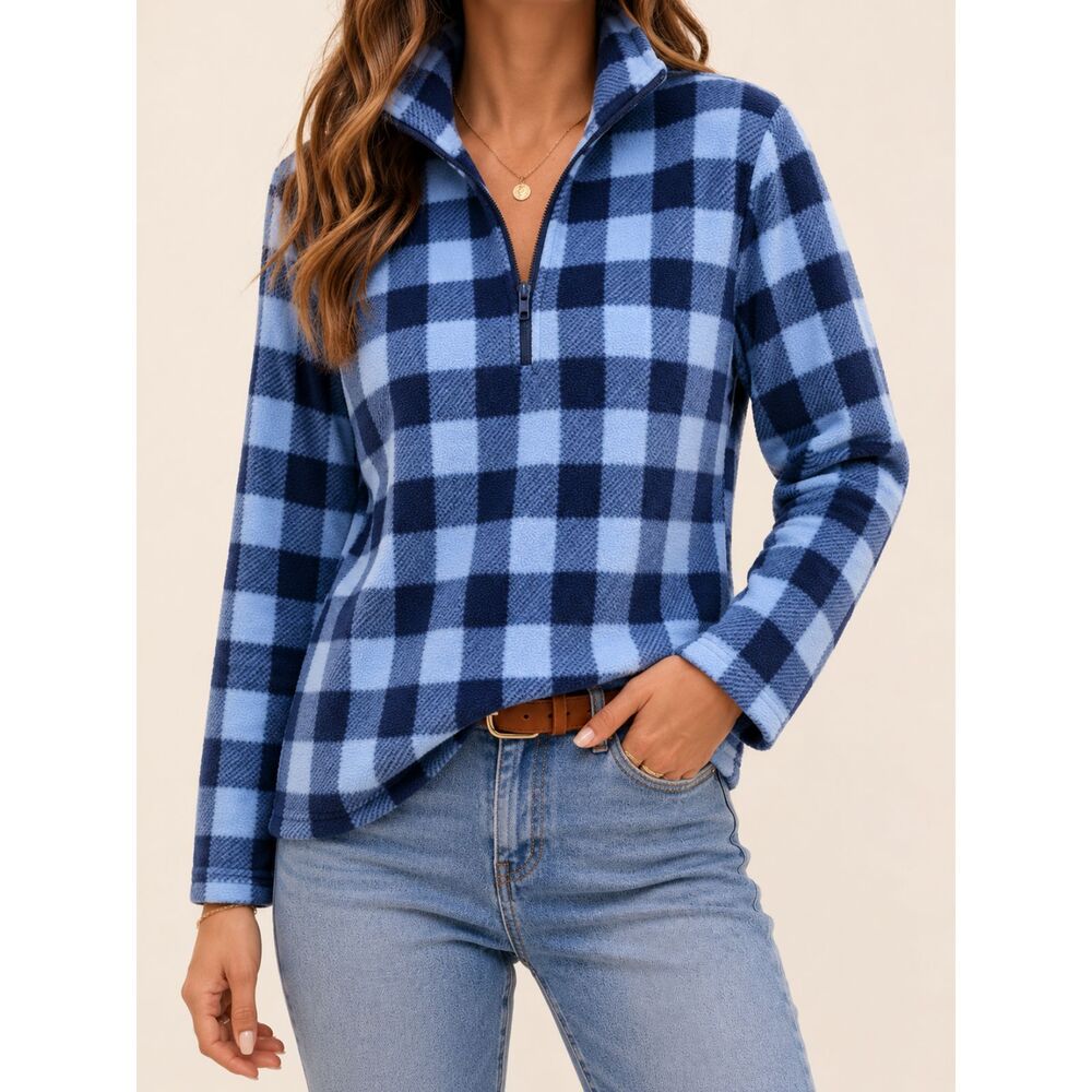 Lands' End Blue Buffalo Plaid Fleece Pullover Quarter Zip Jacket Women's L